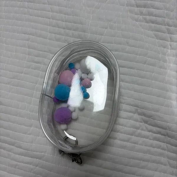 [BUNJANG] Pompom Clear Pouch with Keyring (2 Sizes Available) / 투명 파우치 폼폼이 키링 2종 크기 다름