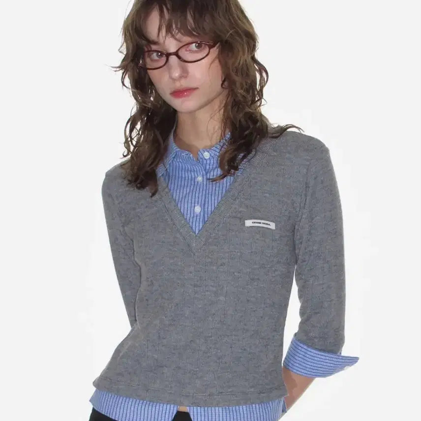 [BUNJANG] Crank Knit Layered Check Shirt (Gray) / 크랭크 니트 레이어드 체크 셔츠 (그레이)