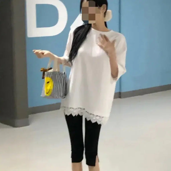 [BUNJANG] Long T-shirt with Lace Hem - New Arrival / 고급 원단) 밑단 레이스 롱 티셔츠 새상품