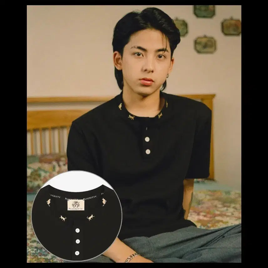 [BUNJANG] Plucky Tee Sunset We Do Embroidered Henley Short-Sleeve T-Shirt / 플러키티 선셋 위듀 자수 헨리넥 반팔 티셔츠(새상품)