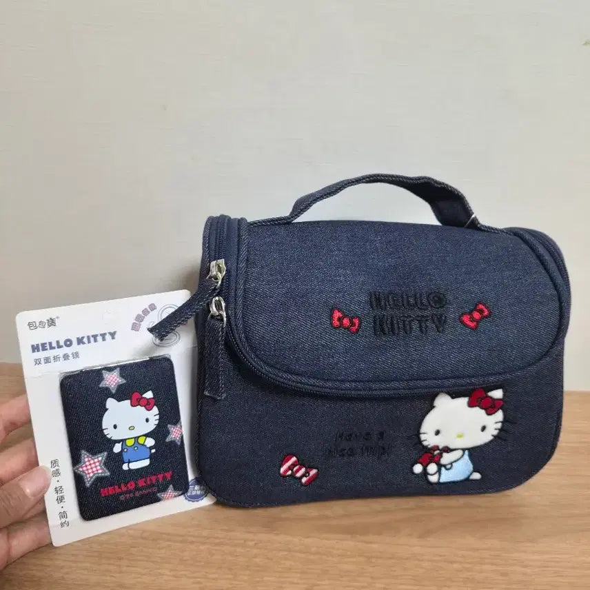 [BUNJANG] Sanrio Hello Kitty Denim Pouch + Folding Mirror Set / 산리오 정품 헬로키티 데님 파우치 + 접이식 거울
