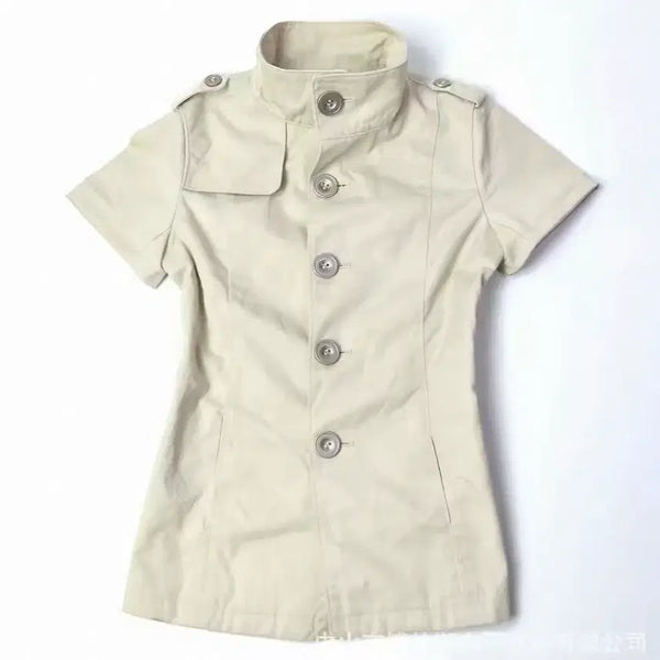 [BUNJANG] Beige Brown Trench Coat Style Short Sleeve Shirt / 트렌치코트 반팔 베이지 브라운 코디 아메카지룩