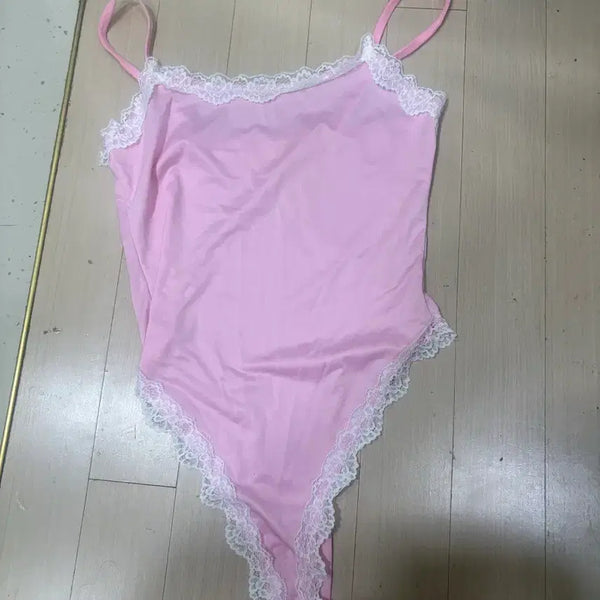 [BUNJANG] Pink Lace Strap Bodysuit / 핑크 레이스 끈 나시 바디수트 수영복재질