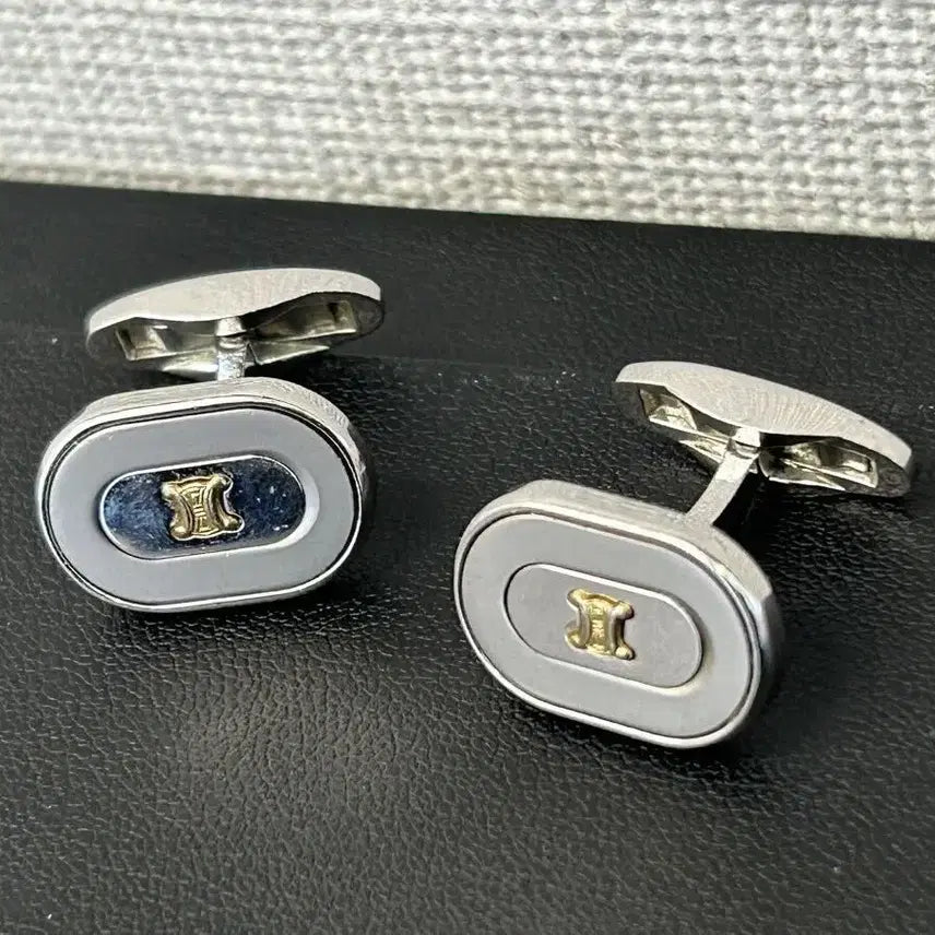 [BUNJANG] Celine Vintage Triomphe Oval Cufflinks (Silver & Beige) / [정품/빈티지] 셀린느 트리오페 오벌 커프스링크 (실버&베이지)