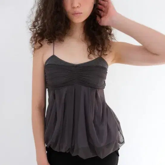 [BUNJANG] Loose Sleepover Mesh Fluff Mini Top Stone Grey / 루즈슬립오버 메쉬 플러프 미니 탑 스톤그레이