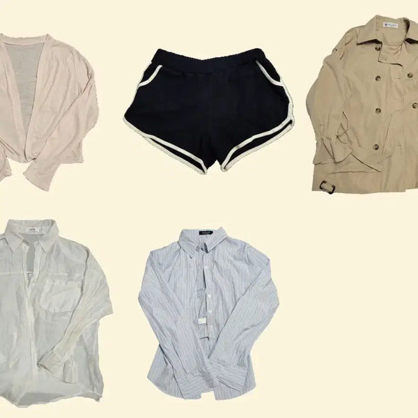 [BUNJANG] Women's Clothing Set: Trench Coat, Pink Cardigan, Slim-Waist Shirt, Dolphin Shorts, Sun-Protection Shirt / 여성 의류 세트 (트렌치코트, 핑크 가디건, 허얇 셔츠, 돌핀, 살안타 셔츠)