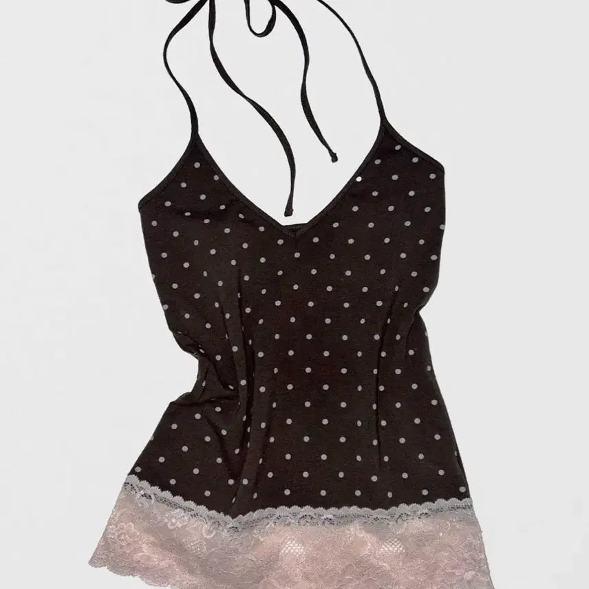 [BUNJANG] Sculptor Dot Lace Halter Top Brown / 스컬프터 도트 레이스 홀터탑 브라운