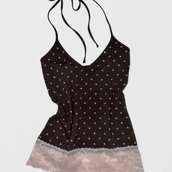 [BUNJANG] Sculptor Dot Lace Halter Top Brown / 스컬프터 도트 레이스 홀터탑 브라운