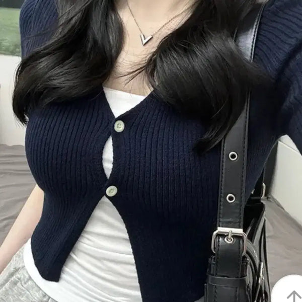 [BUNJANG] Two-Button Cropped Short-Sleeve Knit Cardigan Navy / 투버튼 크롭 반팔 니트 가디건 네이비