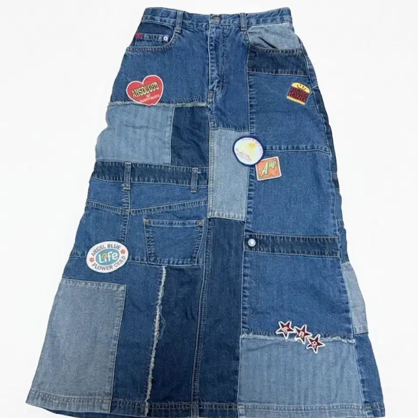 [BUNJANG] Angel Blue Patchwork Denim Long Skirt / 엔젤블루 패치워크 데님 롱 스커트