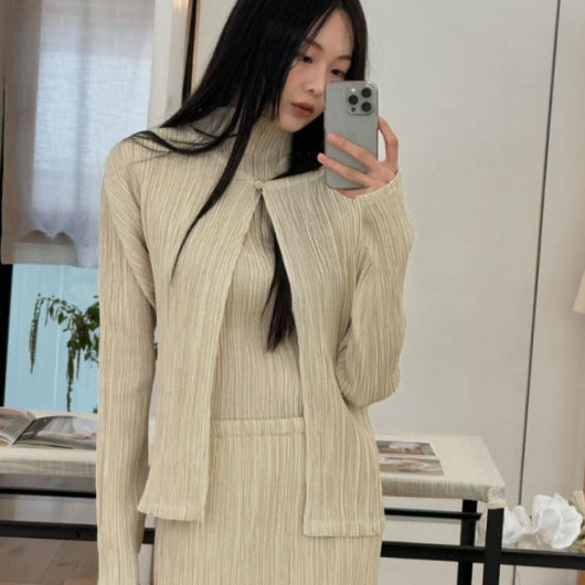 [BUNJANG] Le Septembre Freya Pleats Set Beige / 르917 르셉템버 freya pleats[BEIGE] 가디건, 탑, 스커트 set