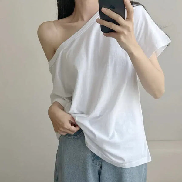 [BUNJANG] One-Shoulder Short-Sleeve T-Shirt / 1회착용) 원숄더 반팔티