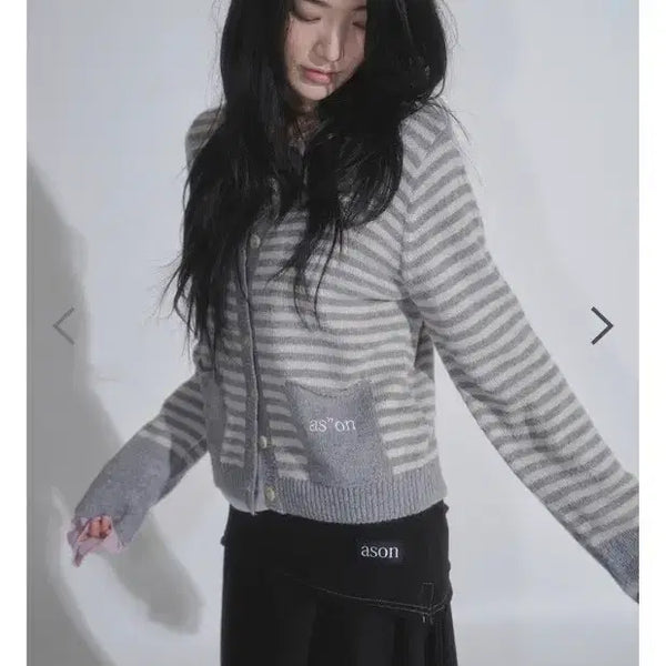 [BUNJANG] AZZON NUT POCKET CARDIGAN STRIPE GRAY / 애즈온 NUT POCKET CARDIGAN / STRIPE GRAY