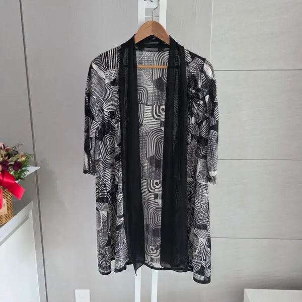 [BUNJANG] Ribbon Black & White Pattern Long Cardigan / 리본 블랙앤화이트 패턴 롱 가디건