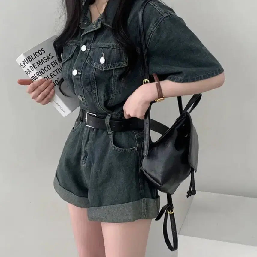 [BUNJANG] Denim Short Sleeve Jumpsuit / 청 데님 반팔 점프수트