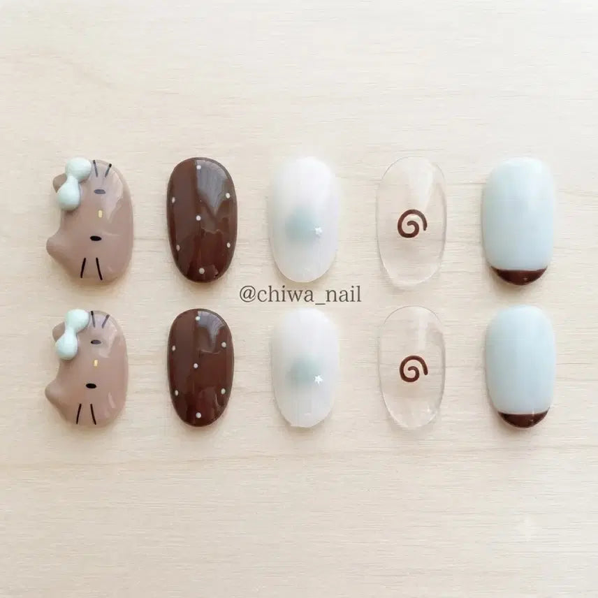 [BUNJANG] Custom Mint Tanning Kitty Handmade Nail Tips / 주문제작 민트 태닝키티 수제 네일팁