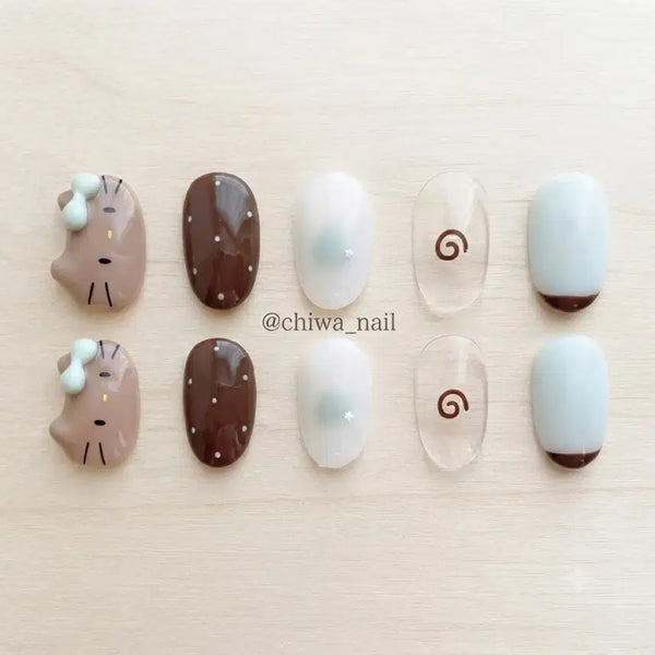 [BUNJANG] Custom Mint Tanning Kitty Handmade Nail Tips / 주문제작 민트 태닝키티 수제 네일팁