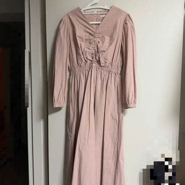 [BUNJANG] Women's Shirring Long Dress Pink / 여성 셔링 롱 원피스 핑크