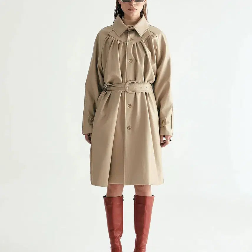 [BUNJANG] SalondeSeoul Leather Shirring Detail Belted Coat Beige / 살롱드 서울 레더 코트