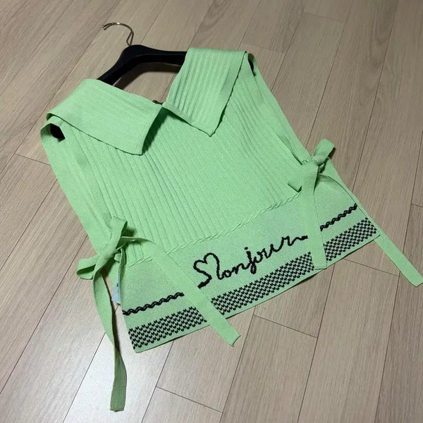 [BUNJANG] Ozsecon Sailor Collar Ribbon Vest / 한섬 오즈세컨 22년 세일러 카라 리본 베스트 라임 연두색 오픈형 어부바 니트 조끼 레터링 스판 골지