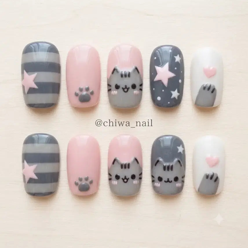 [BUNJANG] Custom Stripe Cat Paw Handmade Nail Tips / 주문제작 푸쉰캣 스트라이프 발바닥 수제 네일팁