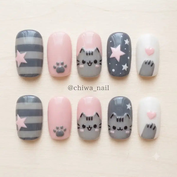 [BUNJANG] Custom Stripe Cat Paw Handmade Nail Tips / 주문제작 푸쉰캣 스트라이프 발바닥 수제 네일팁