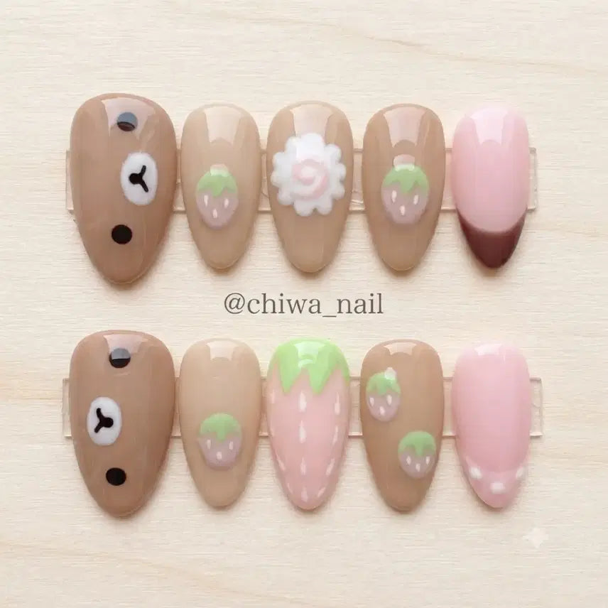 [BUNJANG] Custom Beige Rilakkuma Strawberry Narutomaki Handmade Nail Tips / 주문제작 베이지 리락쿠마 딸기 나루토마키 수제네일팁
