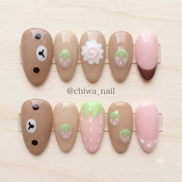 [BUNJANG] Custom Beige Rilakkuma Strawberry Narutomaki Handmade Nail Tips / 주문제작 베이지 리락쿠마 딸기 나루토마키 수제네일팁