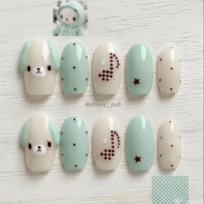 [BUNJANG] Custom Handmade Nail Tips - Sugar Bunnies Mint Note Dot / 여름세일!!) 주문제작 슈가바니즈 민트 음표도트 수제네일팁