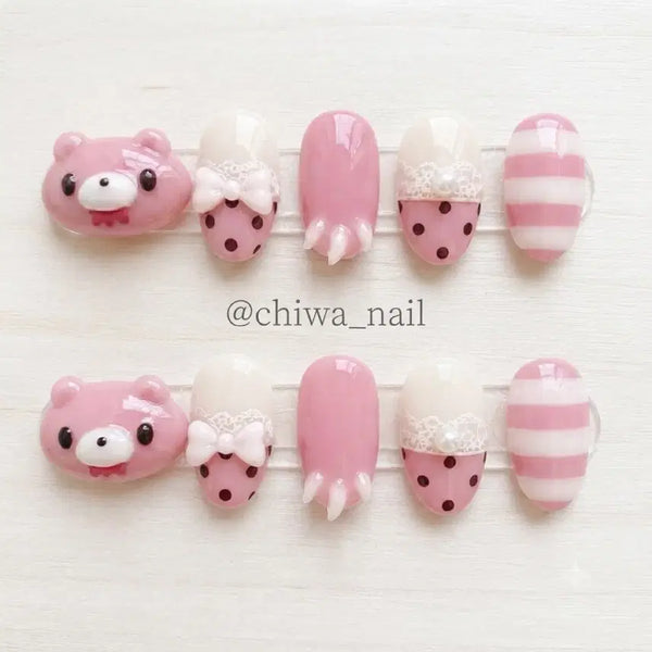 [BUNJANG] Custom Gloomy Bear Striped Dot Handmade Nail Tips / 주문제작 글루미베어 스트라이프 도트 수제 네일팁