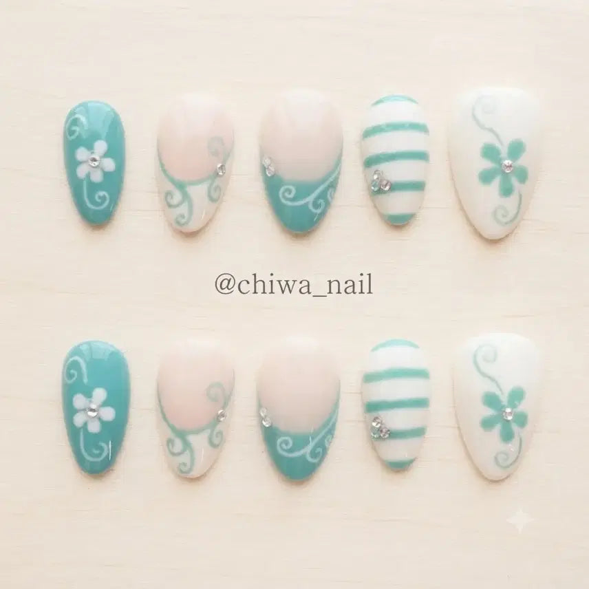 [BUNJANG] Custom Handmade Y2K Flower Lace Nail Tips / 주문제작 민트 y2k 플라워레이스 수제 네일팁