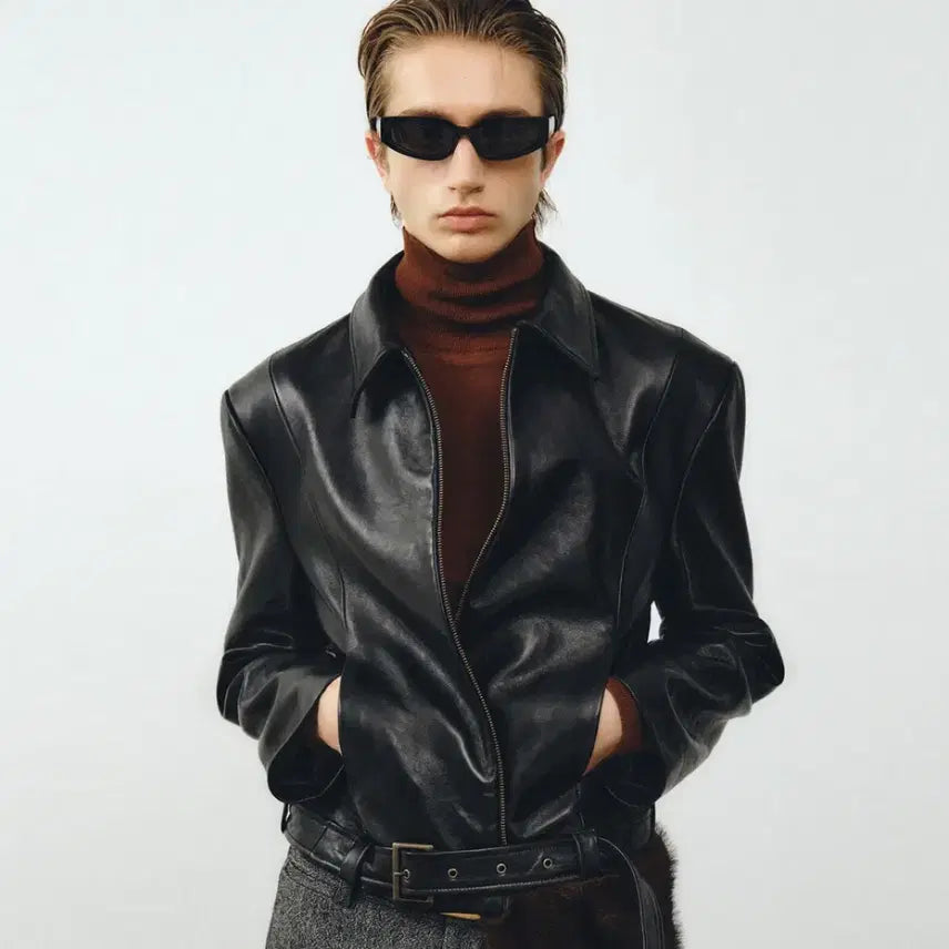 [BUNJANG] Noiur Lambsleather Belted Crop Jacket Black / 노이어 램스레더 벨티드 크롭자켓 블랙