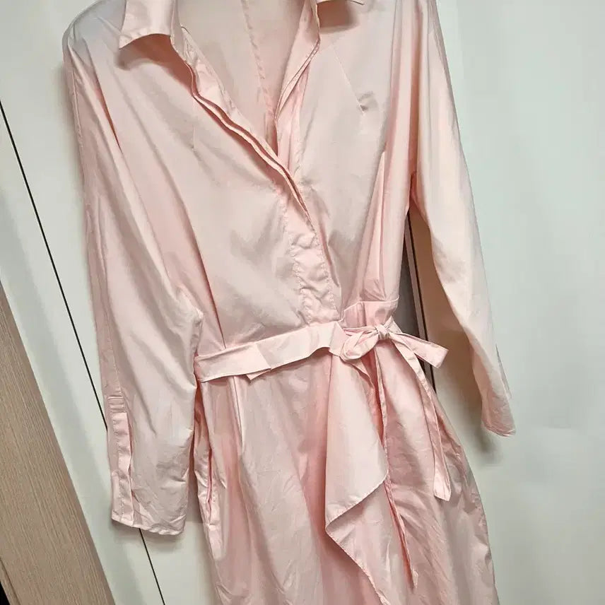 [BUNJANG] Heaven Ruffle Wrap Style Cotton Shirt Long Dress Peach Pink / 제평 헤븐 HEAVEN 바스락 코튼 러플 랩스타일 셔츠 롱원피스 피치핑크 프릴 리본