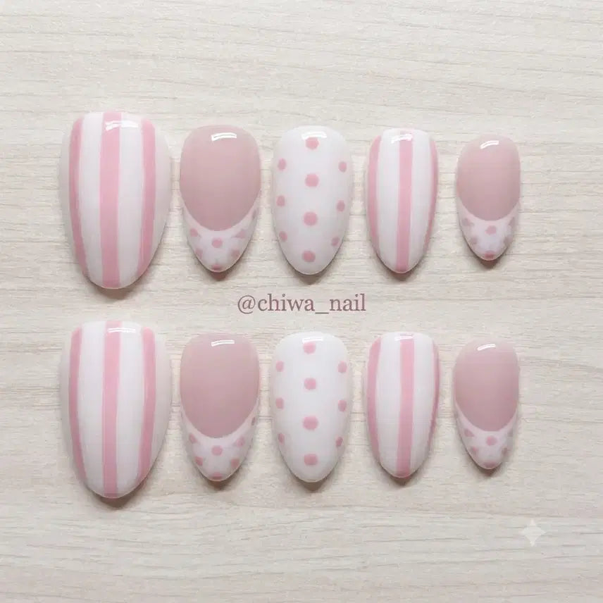 [BUNJANG] Custom French Pink Dot Handmade Nail Tips / 주문제작 스프라이트 프렌치 핑크도트 수제네일팁