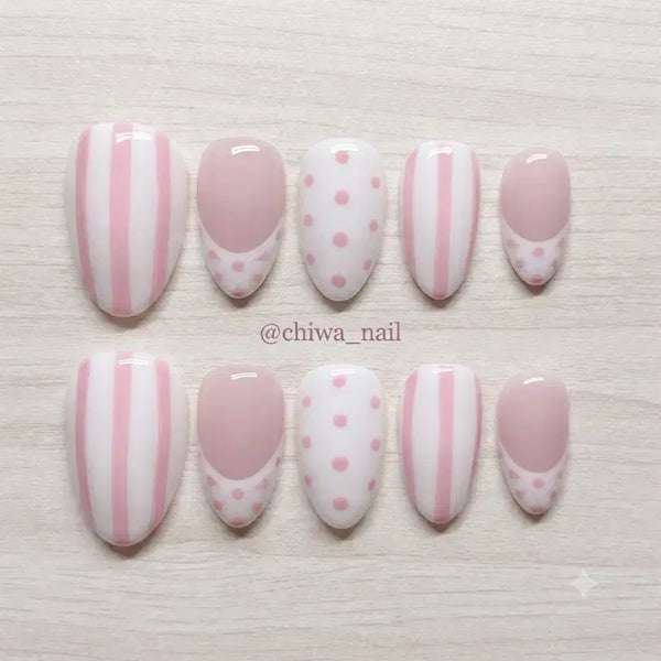 [BUNJANG] Custom French Pink Dot Handmade Nail Tips / 주문제작 스프라이트 프렌치 핑크도트 수제네일팁