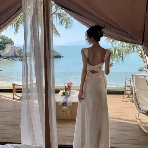 [BUNJANG] Ivory Open-Back Long Dress for Wedding Photoshoot / 웨딩촬영 아이보리 오픈백 롱 원피스(66이하 추천)