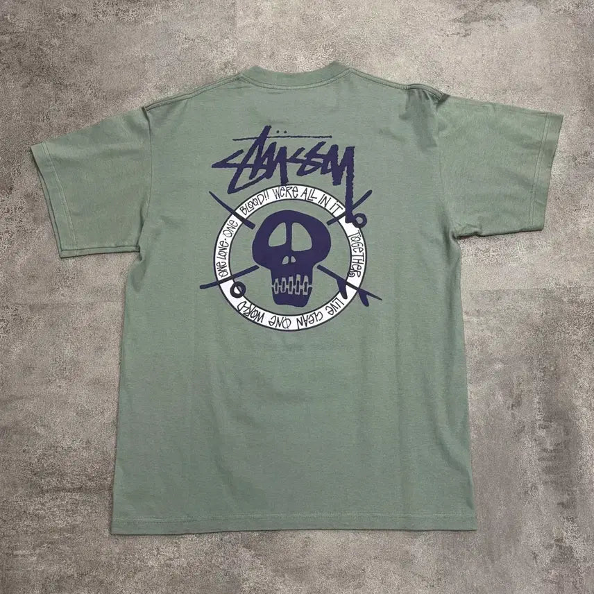 [BUNJANG] Stussy 00s Cross Over One World Skull Graphic T-Shirt Mint / 00s 스투시 Cross Over 원 월드 스컬 그래픽 티셔츠 민트