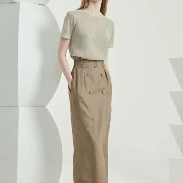 [BUNJANG] TIME Belted Wrap Long Skirt Brown / 한섬 타임 TIME 벨티드 랩 스커트 (44) 버튼 벨트 롱스커트 브라운