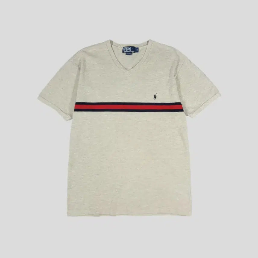 [BUNJANG] Polo Ralph Lauren Oatmeal Navy Pony V-Neck Pique Short Sleeve T-Shirt L / 폴로랄프로렌 오트밀 레드 배색 네이비포니 프레피 브이넥 PK 피케 반팔 티셔츠 L