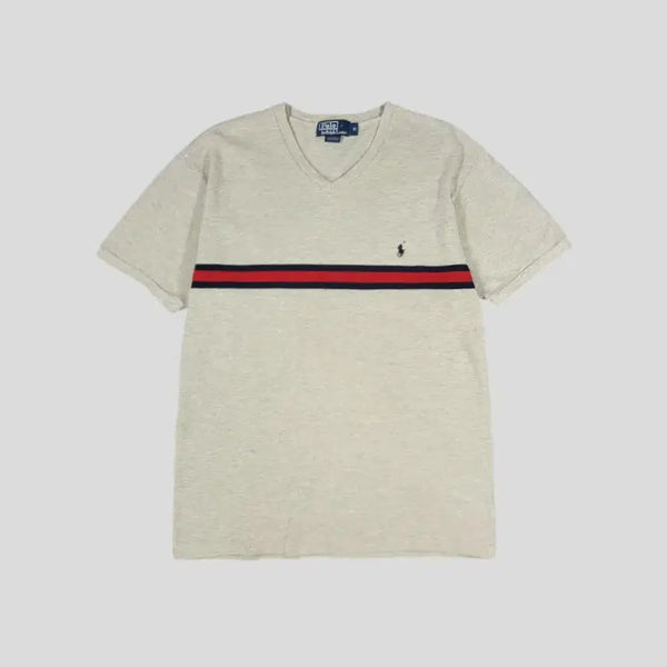 [BUNJANG] Polo Ralph Lauren Oatmeal Navy Pony V-Neck Pique Short Sleeve T-Shirt L / 폴로랄프로렌 오트밀 레드 배색 네이비포니 프레피 브이넥 PK 피케 반팔 티셔츠 L