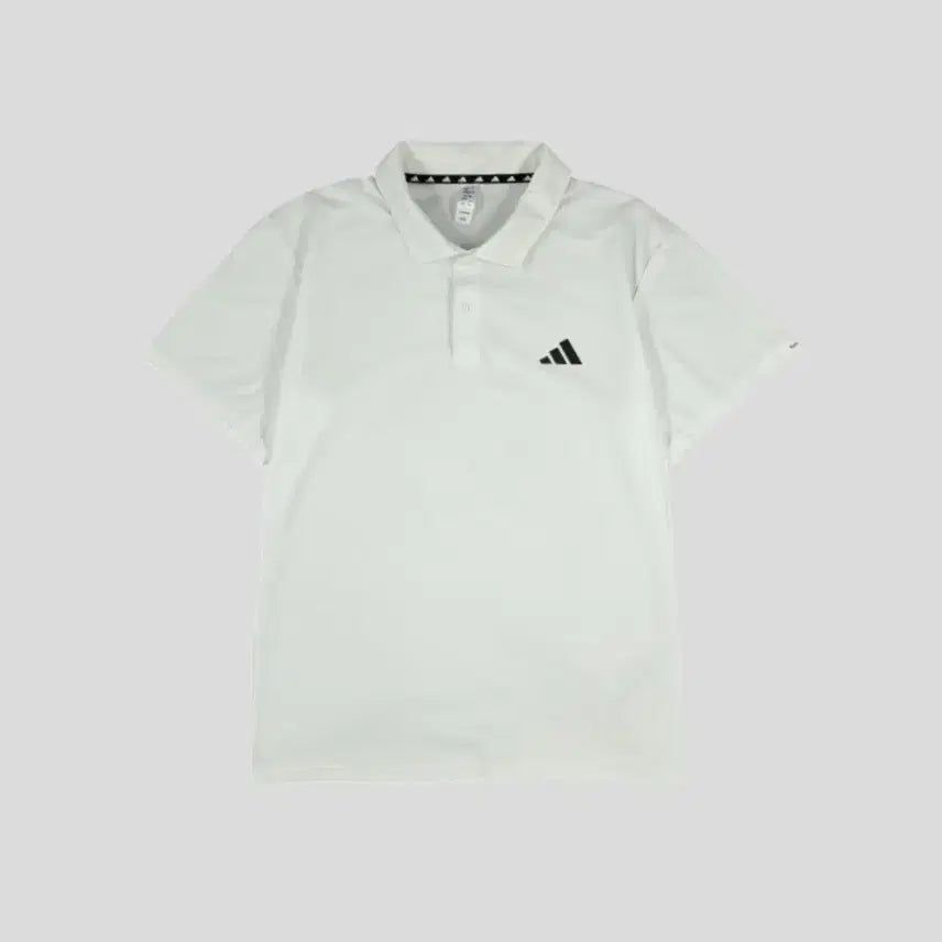 [BUNJANG] Adidas Essential Half-Button Aeroready Collar T-Shirt (White/Black) / 아디다스 화이트 블랙 로고 로터리 트레이닝 에센셜 하프버튼 에어로레디 카라넥 기능성 반팔 티셔츠 L