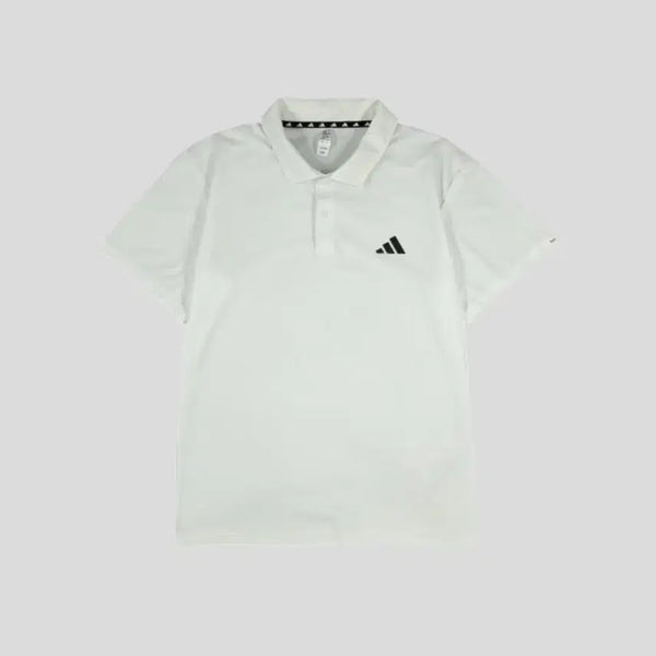 [BUNJANG] Adidas Essential Half-Button Aeroready Collar T-Shirt (White/Black) / 아디다스 화이트 블랙 로고 로터리 트레이닝 에센셜 하프버튼 에어로레디 카라넥 기능성 반팔 티셔츠 L
