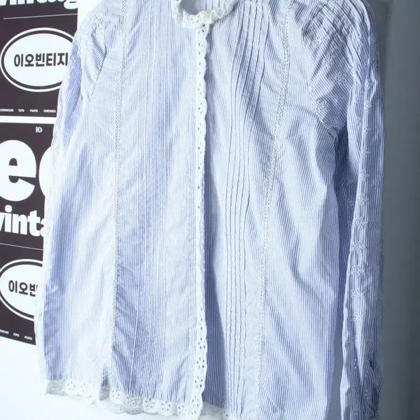 [BUNJANG] Zara Striped Blouse / W(M) 자라 셔츠 남방 블라우스 스트라이프 연블루 레이스-H36121