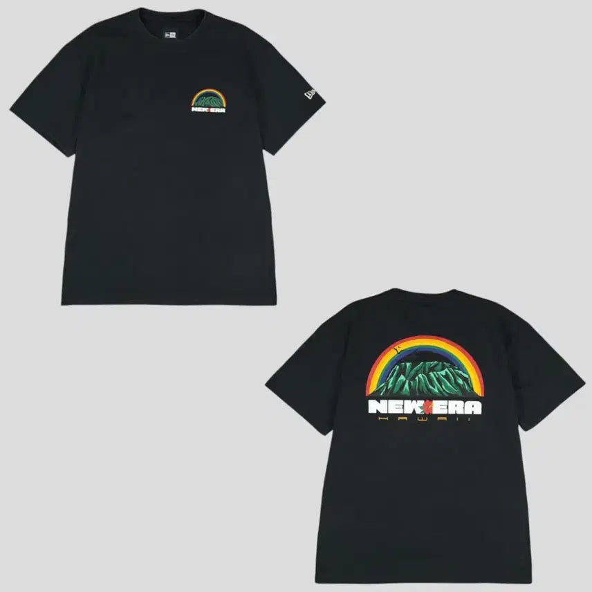 [BUNJANG] New Era Pigment Black Multicolor Logo Hawaii Rainbow Mountain Cotton Blend Short Sleeve T-Shirt M / 뉴에라 피그먼트 블랙 멀티컬러 로고 하와이 레인보우 마운틴 코튼블렌드 반팔 티셔츠 M