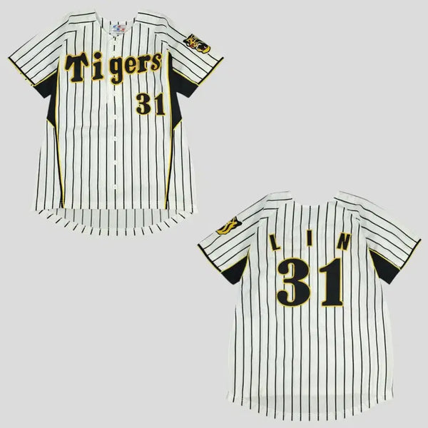 [BUNJANG] Hanshin Tigers Stripe Raglan Replica Baseball Jersey T-Shirt / WORLD SPORTS GOODS JP 화이트 블랙 옐로우 배색 한신 타이거즈 로고 스트라이프 레글런 린웨이주 넘버31 레플리카 야구져지 유니폼 반팔 티셔츠 L