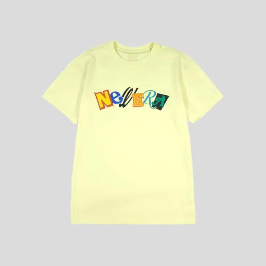 [BUNJANG] New Era Light Yellow Multicolor Collage Spellout Logo Cotton Blend T-Shirt / 뉴에라 라이트옐로우 멀티컬러 콜라주 스펠아웃 로고 코튼블렌드 반팔 티셔츠 S-M