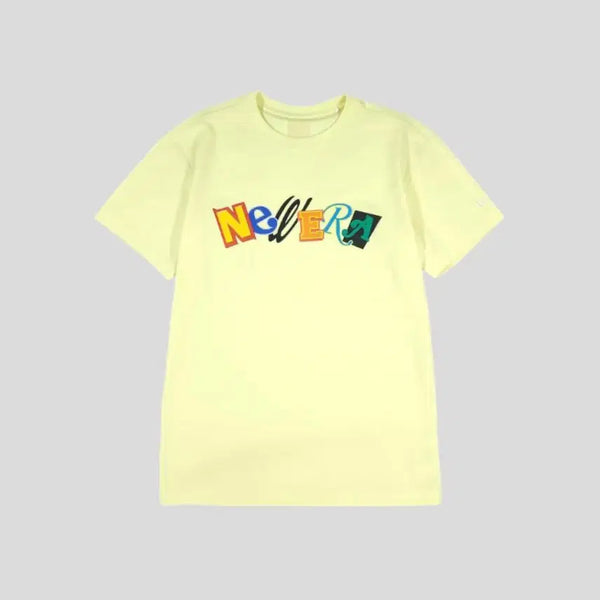 [BUNJANG] New Era Light Yellow Multicolor Collage Spellout Logo Cotton Blend T-Shirt / 뉴에라 라이트옐로우 멀티컬러 콜라주 스펠아웃 로고 코튼블렌드 반팔 티셔츠 S-M