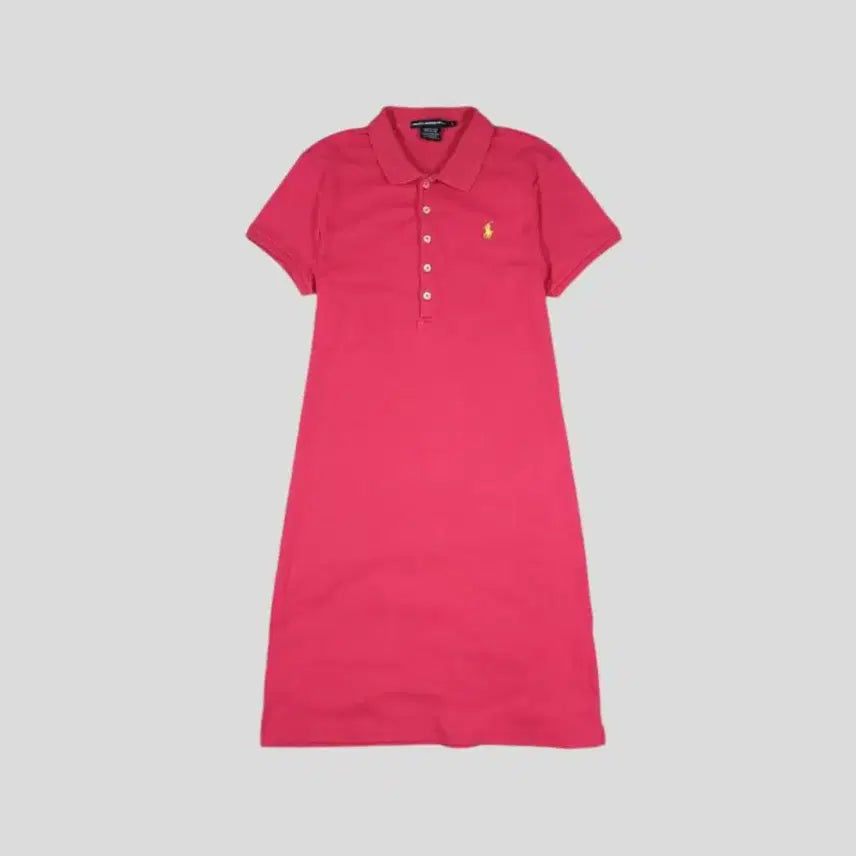 [BUNJANG] Polo Ralph Lauren Women's Cotton Half-Button Short Sleeve Dress / 폴로랄프로렌 스포츠 딥핑크 옐로우포니 하프버튼 카라넥 코튼 반팔 원피스 WOMANS L