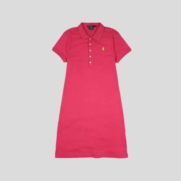 [BUNJANG] Polo Ralph Lauren Women's Cotton Half-Button Short Sleeve Dress / 폴로랄프로렌 스포츠 딥핑크 옐로우포니 하프버튼 카라넥 코튼 반팔 원피스 WOMANS L