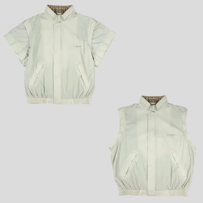 [BUNJANG] Burberry Golf Spellout Logo Nylon Detachable Two-Way Short-Sleeve Windbreaker Jacket (L) / 버버리 골프 JP 라이트베이지 블랙 배색 스펠아웃 로고 이너노바체크 네크비조 올드스쿨 나일론 디테처블 투웨이 반팔 바람막이 L